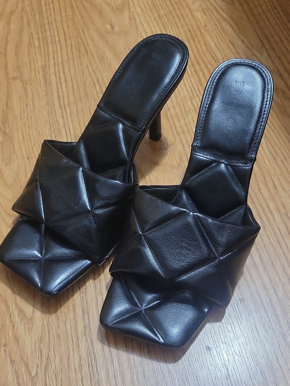 Miss Lola Black Quilted Square Toe High Heel Slides
